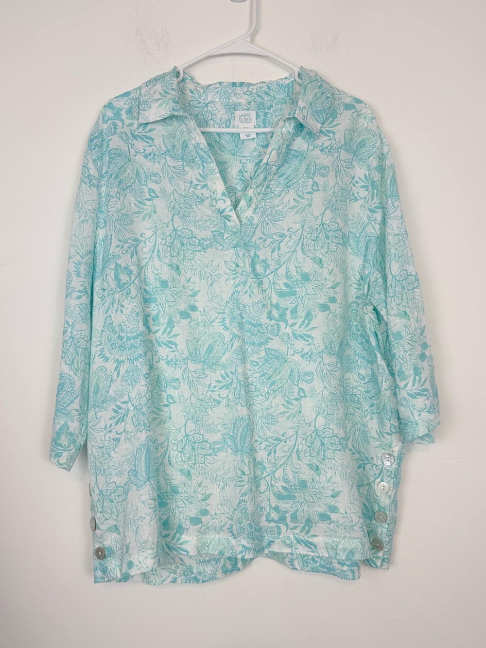 Sigrid Olsen Blue/Aqua Floral 100% Linen 3/4  Sleeve. Popover Tunic Top Size 1X